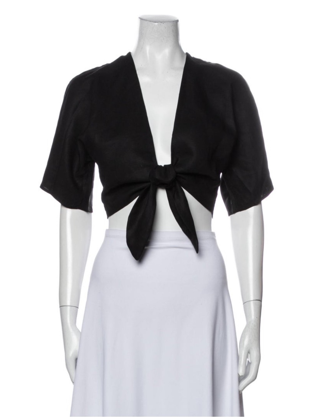 Reformation Black Cropped Tie-Front Plunge Neck Short Sleeve Crop Top